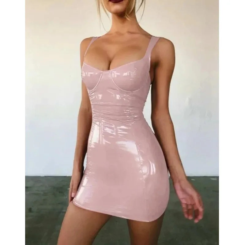 Vintage PU Leather Women Sexy Bodycon Dress Sleeveless Backless Skinny Dress Club Evening Party Short Dress Clubwear Robe