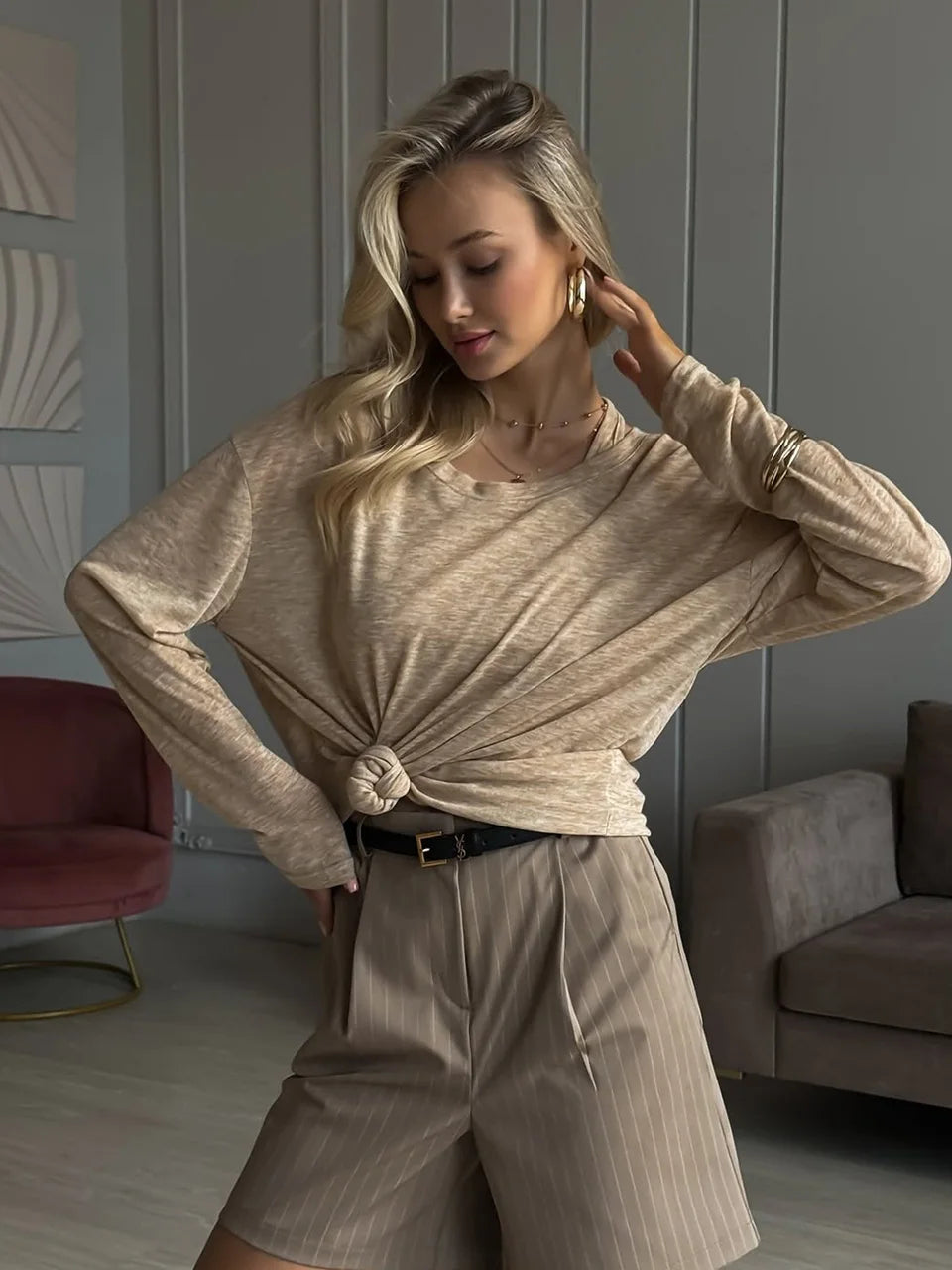 Women’s Soft Knit Long Sleeve T-Shirt – Casual Loose Fit Basic Top for Summer & Autumn