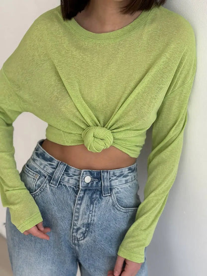 Women’s Soft Knit Long Sleeve T-Shirt – Casual Loose Fit Basic Top for Summer & Autumn