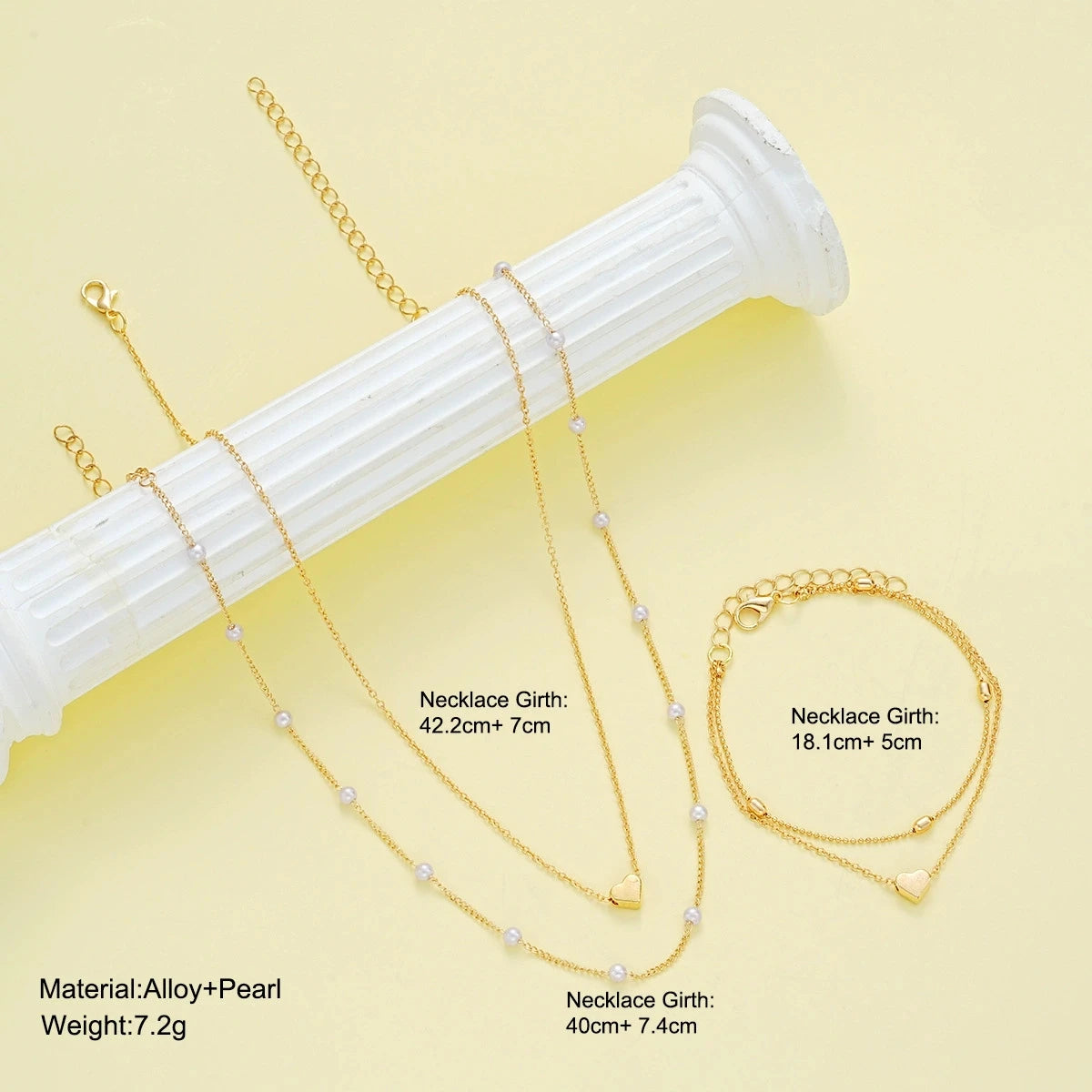 Women’s Imitation Pearl Heart Jewelry Set – Gold or Silver Beaded Necklace & Bracelet