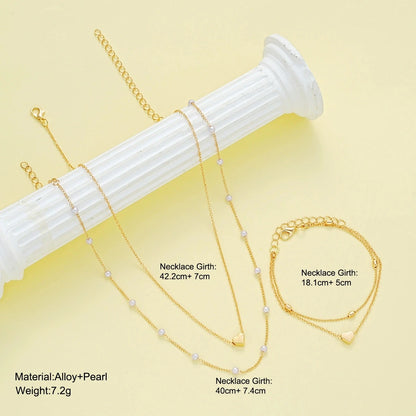 Women’s Imitation Pearl Heart Jewelry Set – Gold or Silver Beaded Necklace & Bracelet