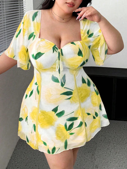 Plus Size Romantic Floral Pink Yellow Ruffle Sleeve Dress Short Sleeve V Neck Waistband Fitted Tiered
