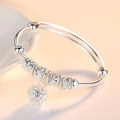 Fine Silver Hollow Bell Ball Bangle – Adjustable Bracelet for Women