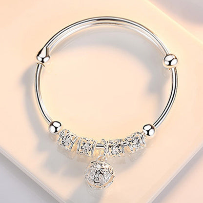Fine Silver Hollow Bell Ball Bangle – Adjustable Bracelet for Women