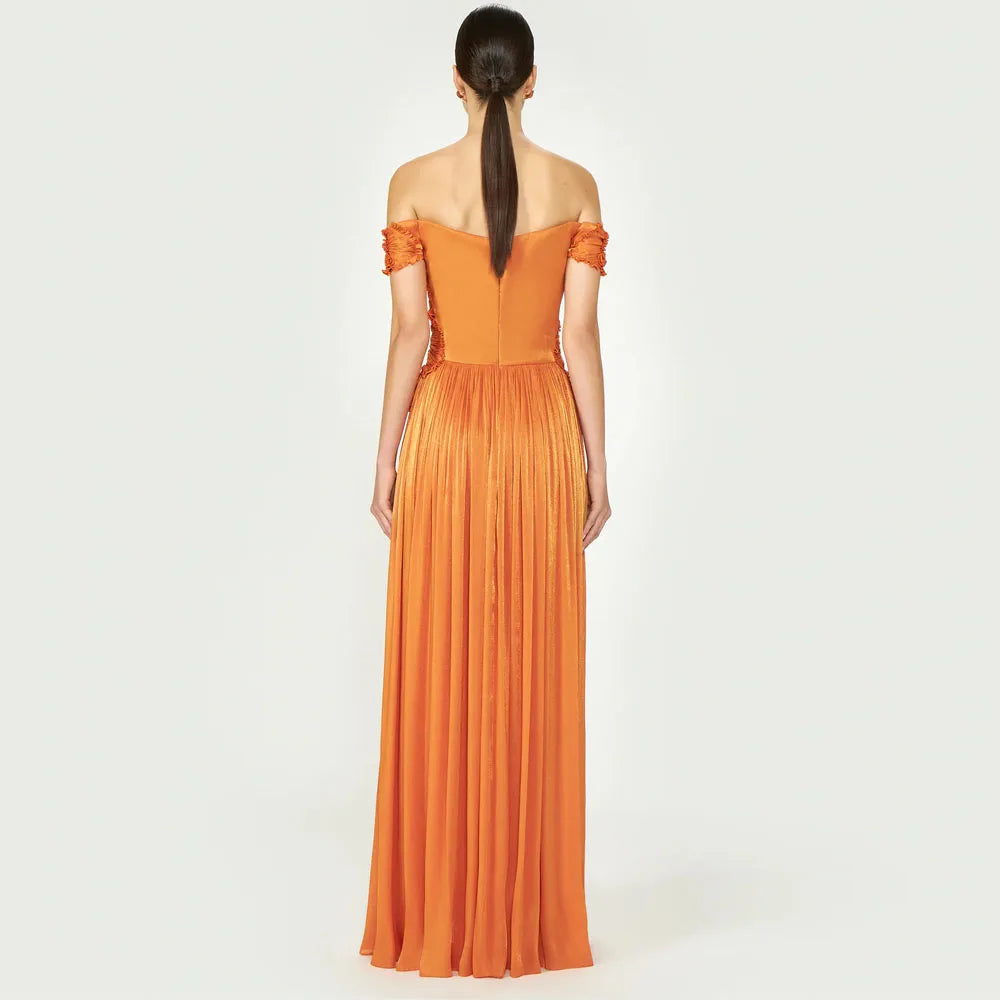 Luxury Off-Shoulder Georgette Prom Dress for Women – Pleated A-Line Evening Gown with High Slit & Ruched Waist