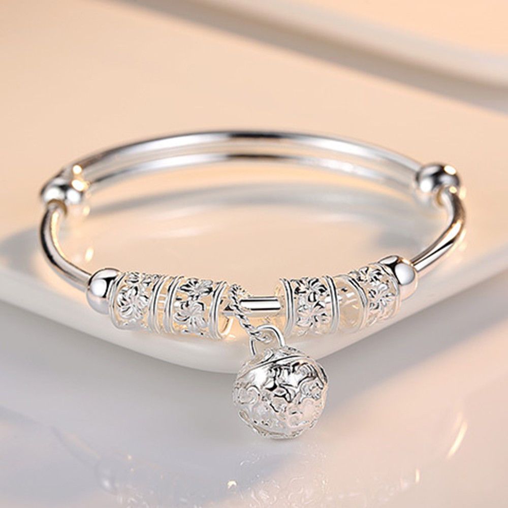 Fine Silver Hollow Bell Ball Bangle – Adjustable Bracelet for Women