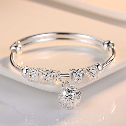 Fine Silver Hollow Bell Ball Bangle – Adjustable Bracelet for Women