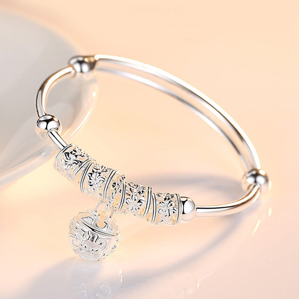 Fine Silver Hollow Bell Ball Bangle – Adjustable Bracelet for Women