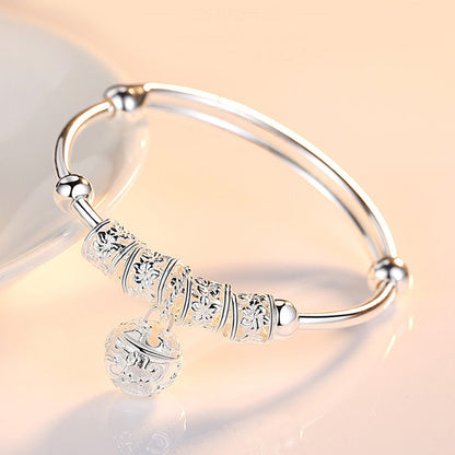 Fine Silver Hollow Bell Ball Bangle – Adjustable Bracelet for Women