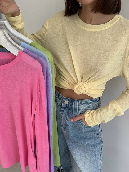 Women’s Soft Knit Long Sleeve T-Shirt – Casual Loose Fit Basic Top for Summer & Autumn