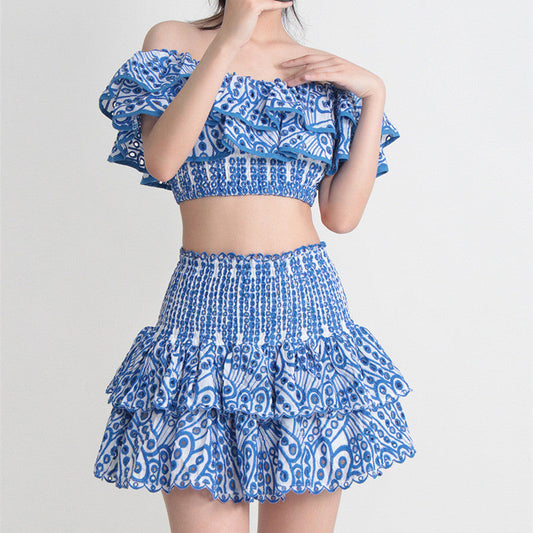 Seaside Vacation Style Two-piece Collar Short Ruffled Shirt High Waist Skirt Outfit myETYN