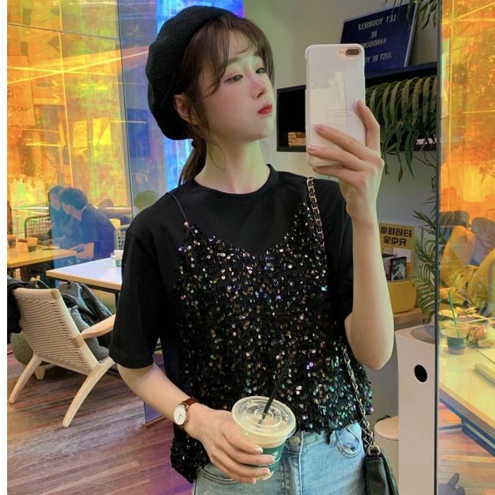 Sequined Korean-style Short-sleeved T-shirt False Two-piece Patchwork Loose All-matching Top myETYN