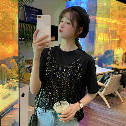 Sequined Korean-style Short-sleeved T-shirt False Two-piece Patchwork Loose All-matching Top myETYN