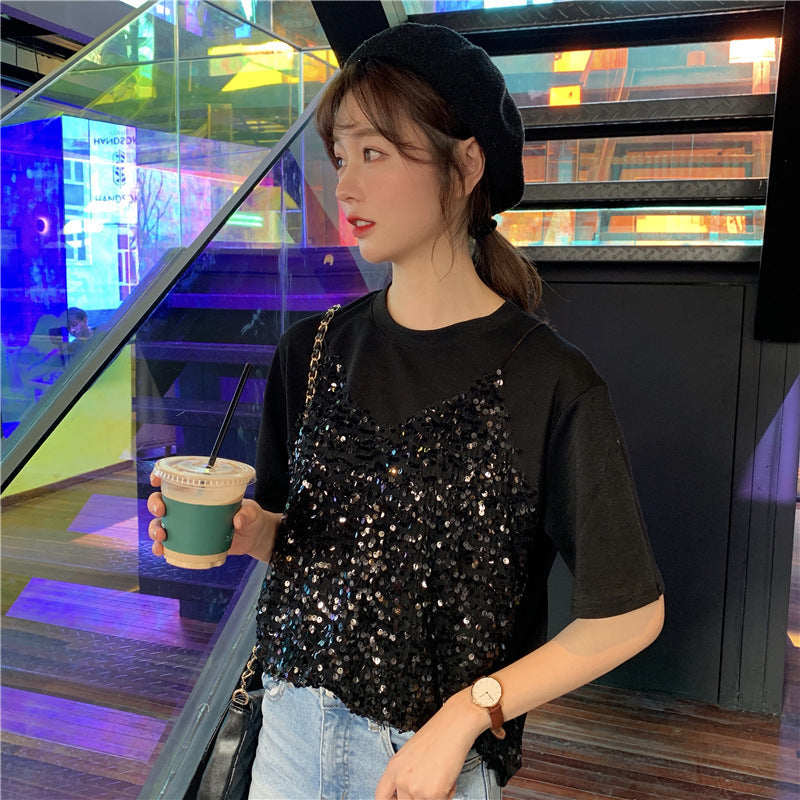 Sequined Korean-style Short-sleeved T-shirt False Two-piece Patchwork Loose All-matching Top myETYN