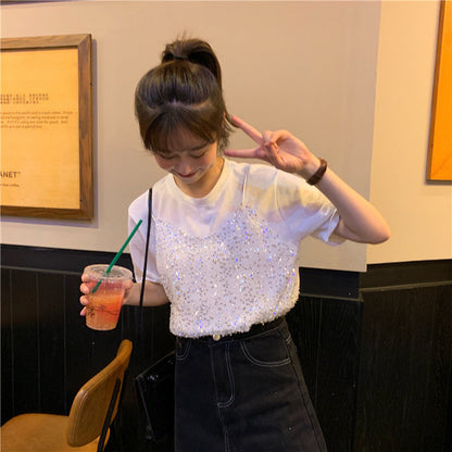 Sequined Korean-style Short-sleeved T-shirt False Two-piece Patchwork Loose All-matching Top myETYN