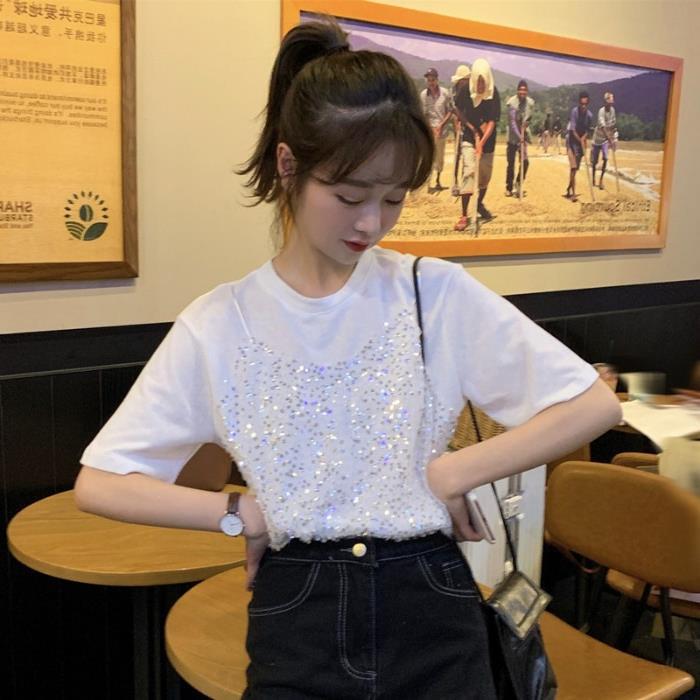 Sequined Korean-style Short-sleeved T-shirt False Two-piece Patchwork Loose All-matching Top myETYN