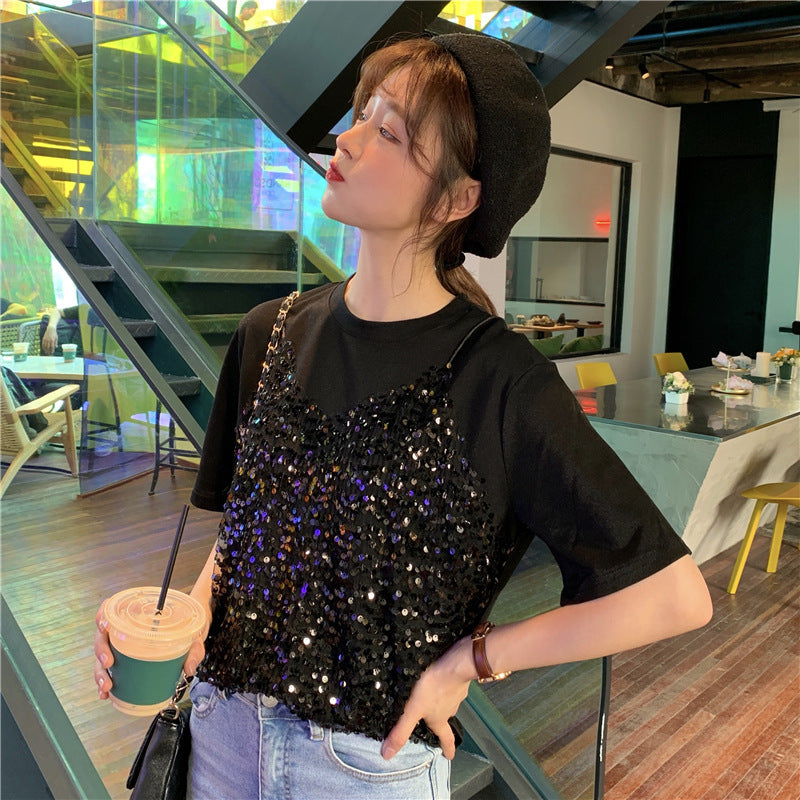 Sequined Korean-style Short-sleeved T-shirt False Two-piece Patchwork Loose All-matching Top myETYN