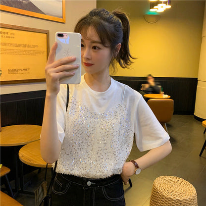 Sequined Korean-style Short-sleeved T-shirt False Two-piece Patchwork Loose All-matching Top myETYN