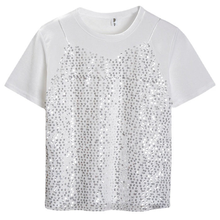 Sequined Korean-style Short-sleeved T-shirt False Two-piece Patchwork Loose All-matching Top myETYN