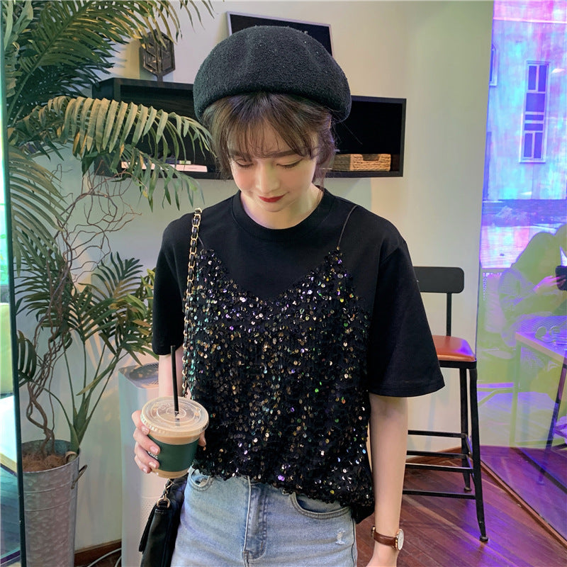 Sequined Korean-style Short-sleeved T-shirt False Two-piece Patchwork Loose All-matching Top myETYN