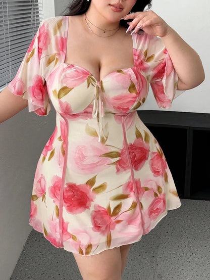 Plus Size Romantic Floral Pink Yellow Ruffle Sleeve Dress Short Sleeve V Neck Waistband Fitted Tiered