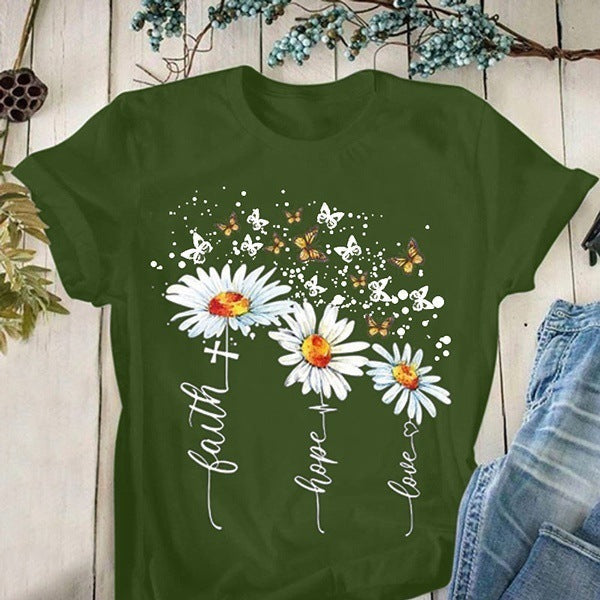 Short-Sleeve Round Neck Casual T-Shirt with Creative Floral Print myETYN