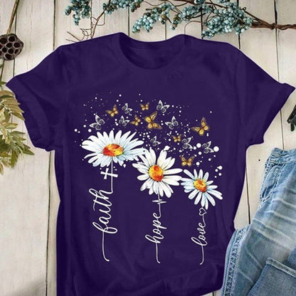 Short-Sleeve Round Neck Casual T-Shirt with Creative Floral Print myETYN