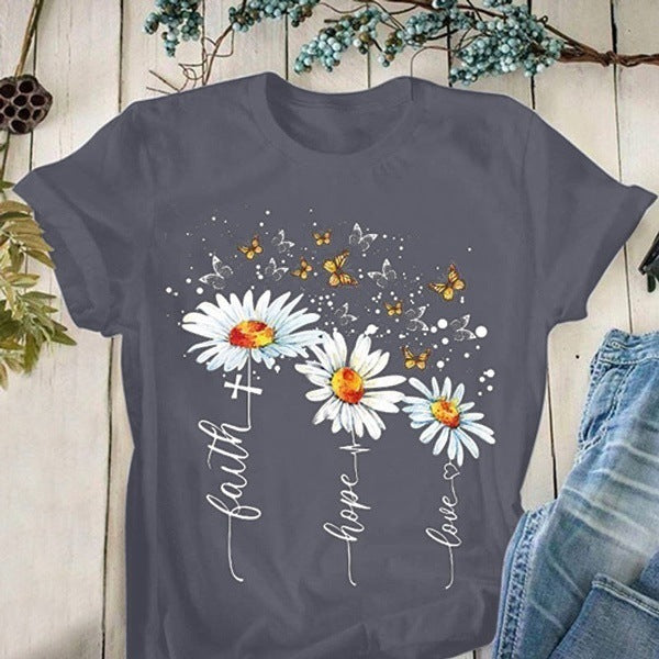 Short-Sleeve Round Neck Casual T-Shirt with Creative Floral Print myETYN