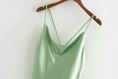 Silky Satin Glossy Matcha Green Mini Sling Dress myETYN