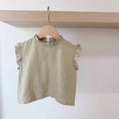 Sleeveless Shirt With Wooden Ears, Baby Plaid Lace Top myETYN