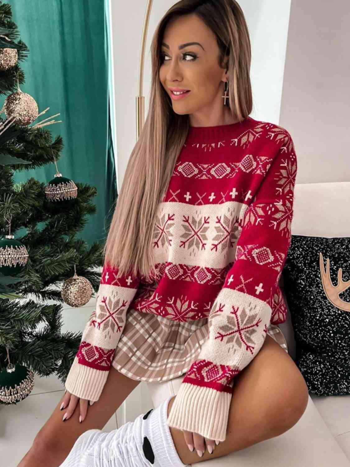 Snowflake Pattern Dropped Shoulder Sweater myETYN