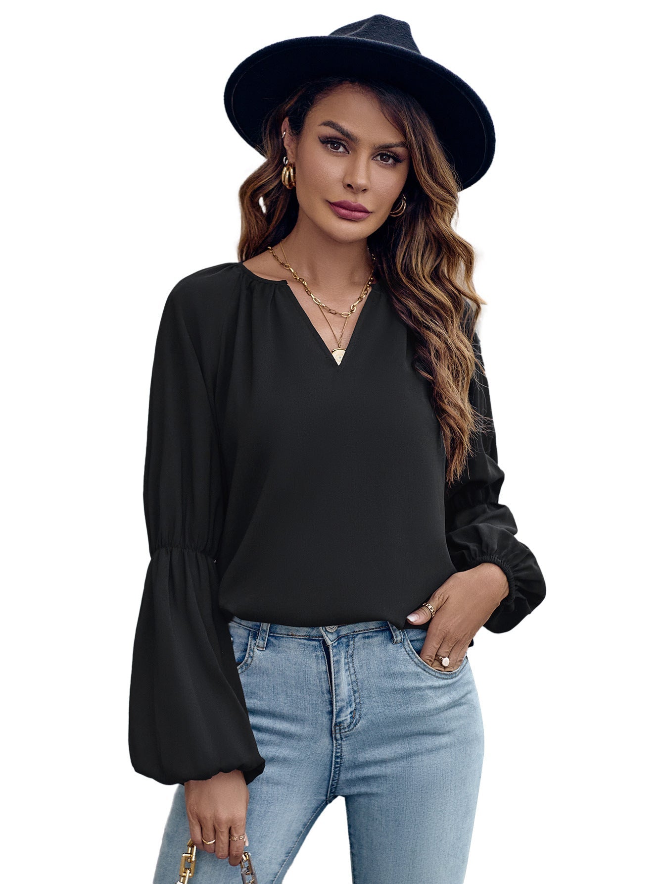 Solid Color And V-neck Loose Casual Women's Top myETYN