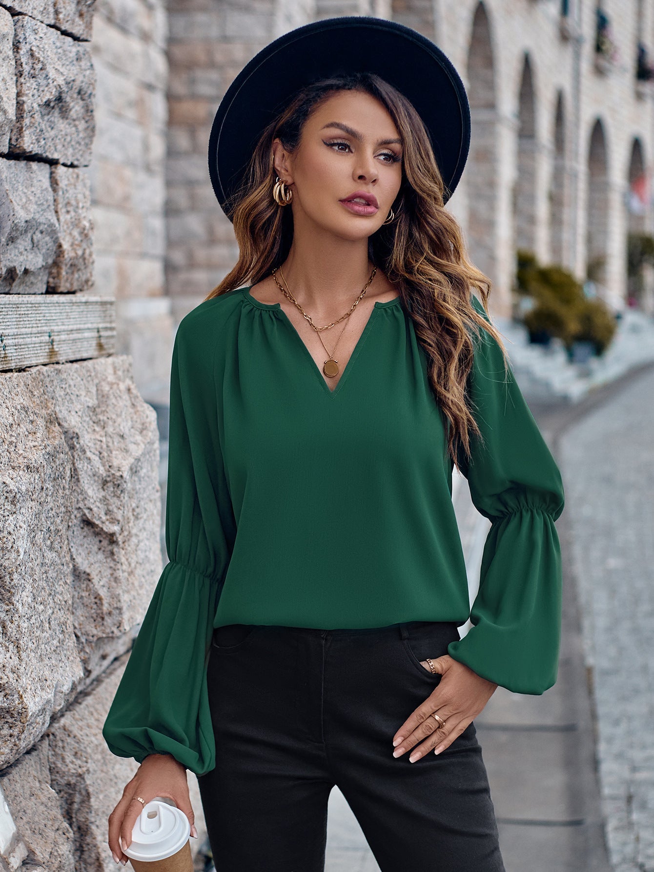 Solid Color And V-neck Loose Casual Women's Top myETYN