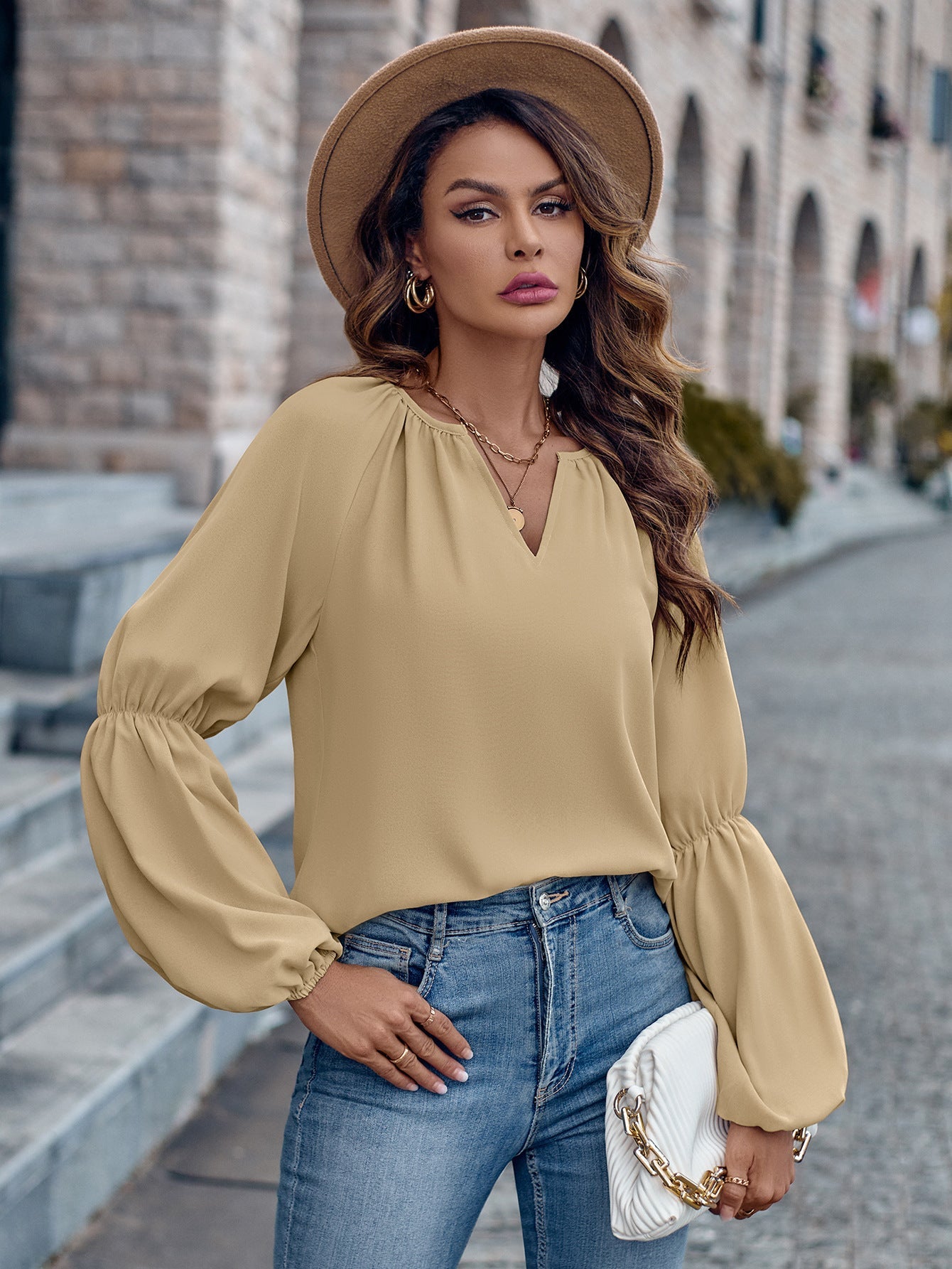 Solid Color And V-neck Loose Casual Women's Top myETYN