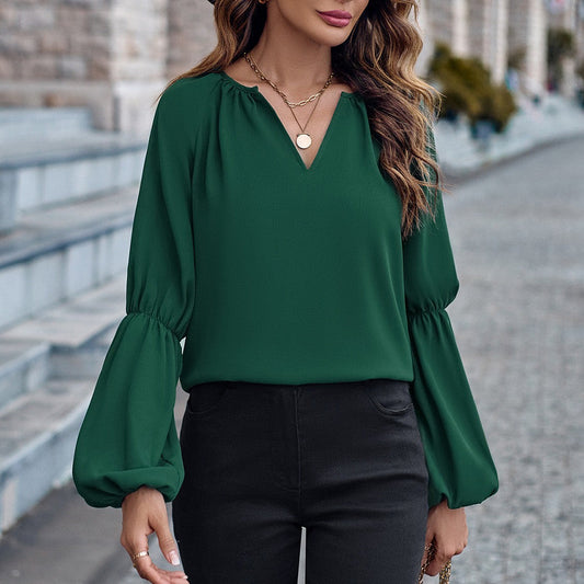 Solid Color And V-neck Loose Casual Women's Top myETYN