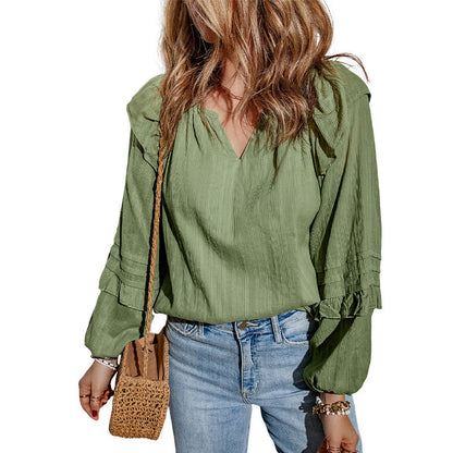 Solid Color And V-neck Ruffled Puff Sleeve Shirt European And American Leisure Pullover myETYN