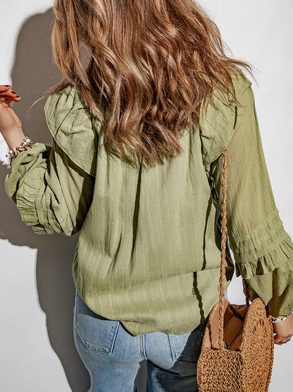 Solid Color And V-neck Ruffled Puff Sleeve Shirt European And American Leisure Pullover myETYN