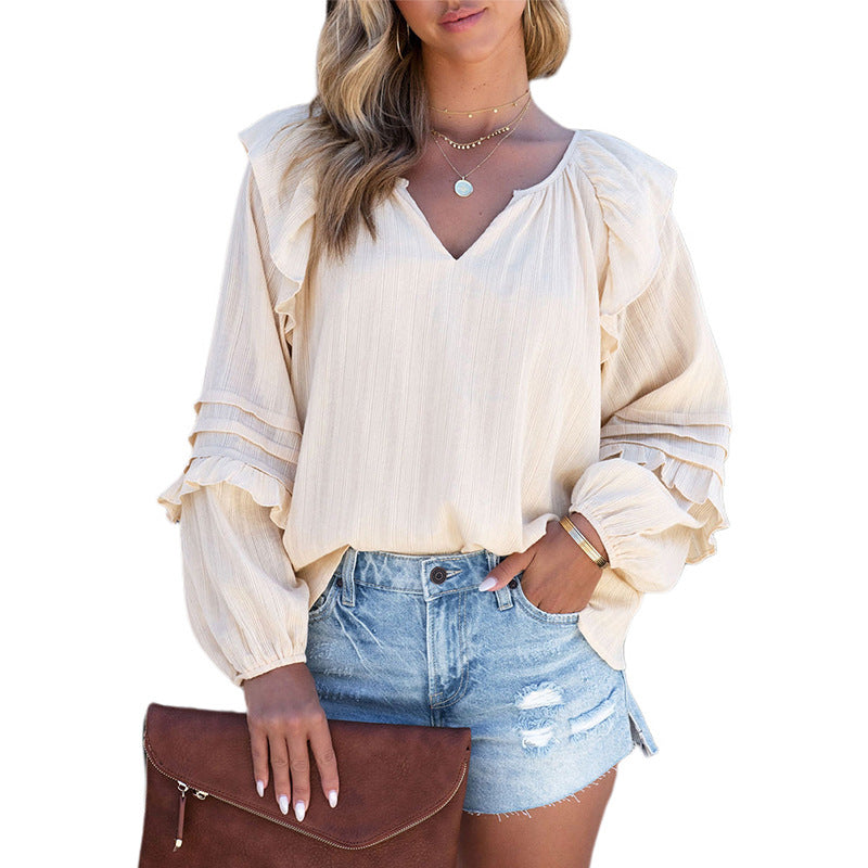 Solid Color And V-neck Ruffled Puff Sleeve Shirt European And American Leisure Pullover myETYN