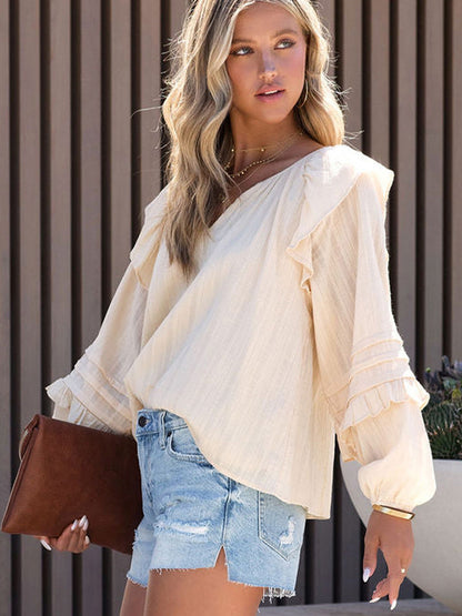 Solid Color And V-neck Ruffled Puff Sleeve Shirt European And American Leisure Pullover myETYN