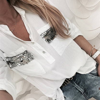 Solid Color And V-neck Sequined Pocket Shirt Loose Long Sleeve Shirt myETYN