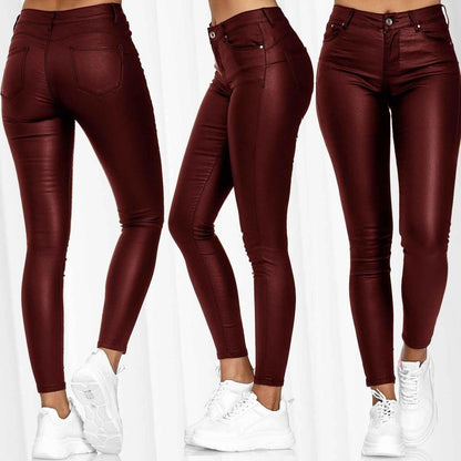 Solid Color Leather Skinny Casual Pants myETYN