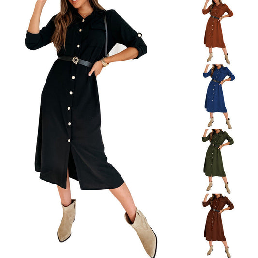 Solid Lapel Long Sleeve Casual Shirt Dress myETYN