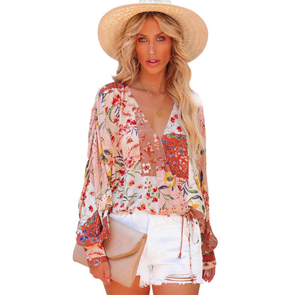 Spring And Summer Floral V-neck Long Sleeve Loose Casual Shirt myETYN