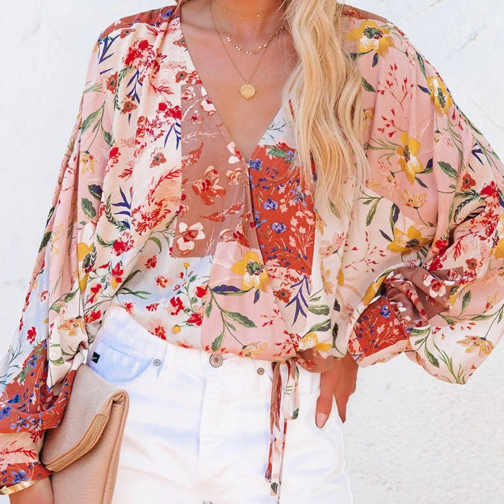 Spring And Summer Floral V-neck Long Sleeve Loose Casual Shirt myETYN