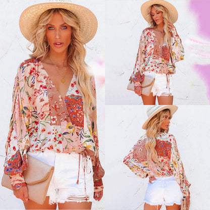 Spring And Summer Floral V-neck Long Sleeve Loose Casual Shirt myETYN