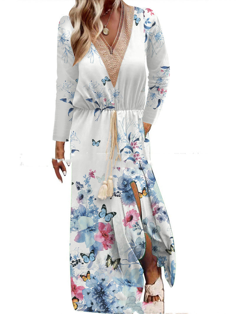 Spring And Summer Print Long Sleeve Dress Lace V-neck Waist Dress myETYN