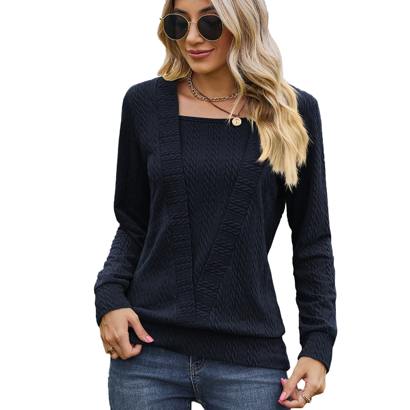 Square Collar Cross Loose Long-sleeved T-shirt Top For Women myETYN