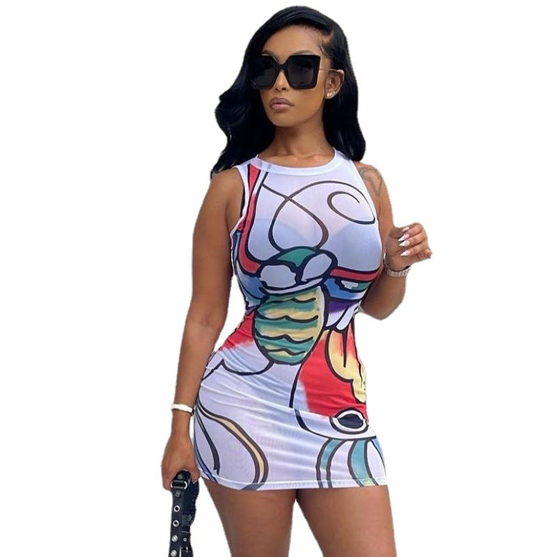 Street Trendy Round Neck Digital Printing Bag Hip Dress myETYN