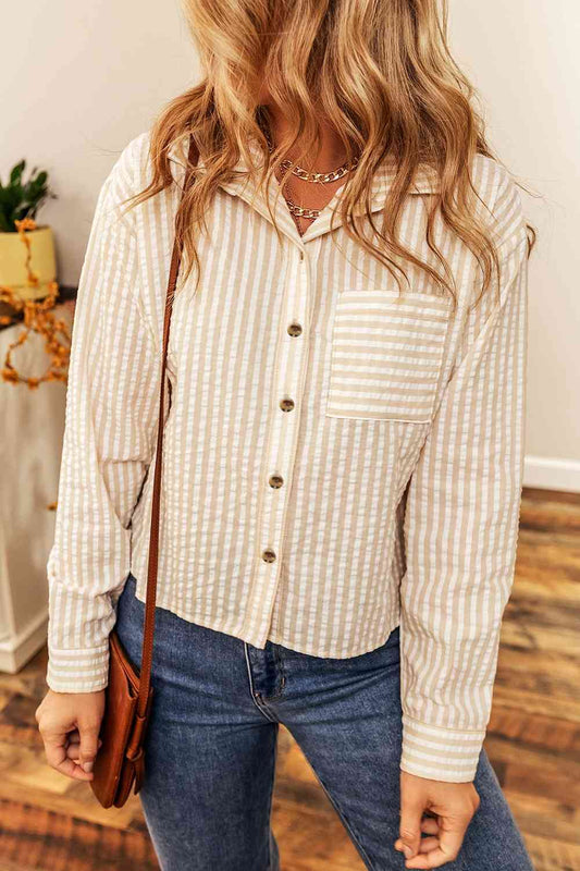 Striped Button-Up Shirt with Breast Pocket myETYN