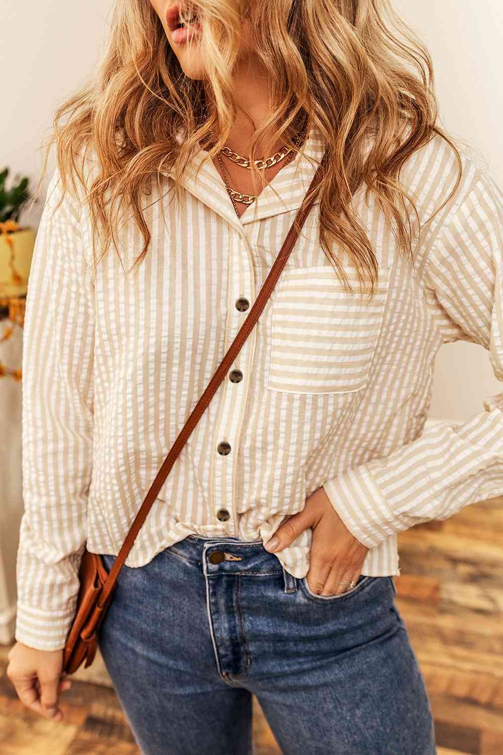 Striped Button-Up Shirt with Breast Pocket myETYN